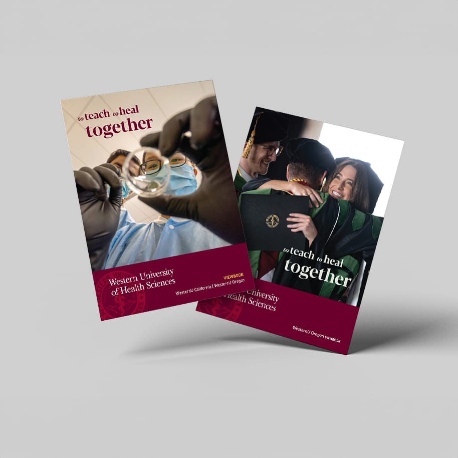 Two brochures for Western University of Health Sciences, one showing a medical professional in a mask and gloves, and the other showing graduates in caps and gowns hugging.
