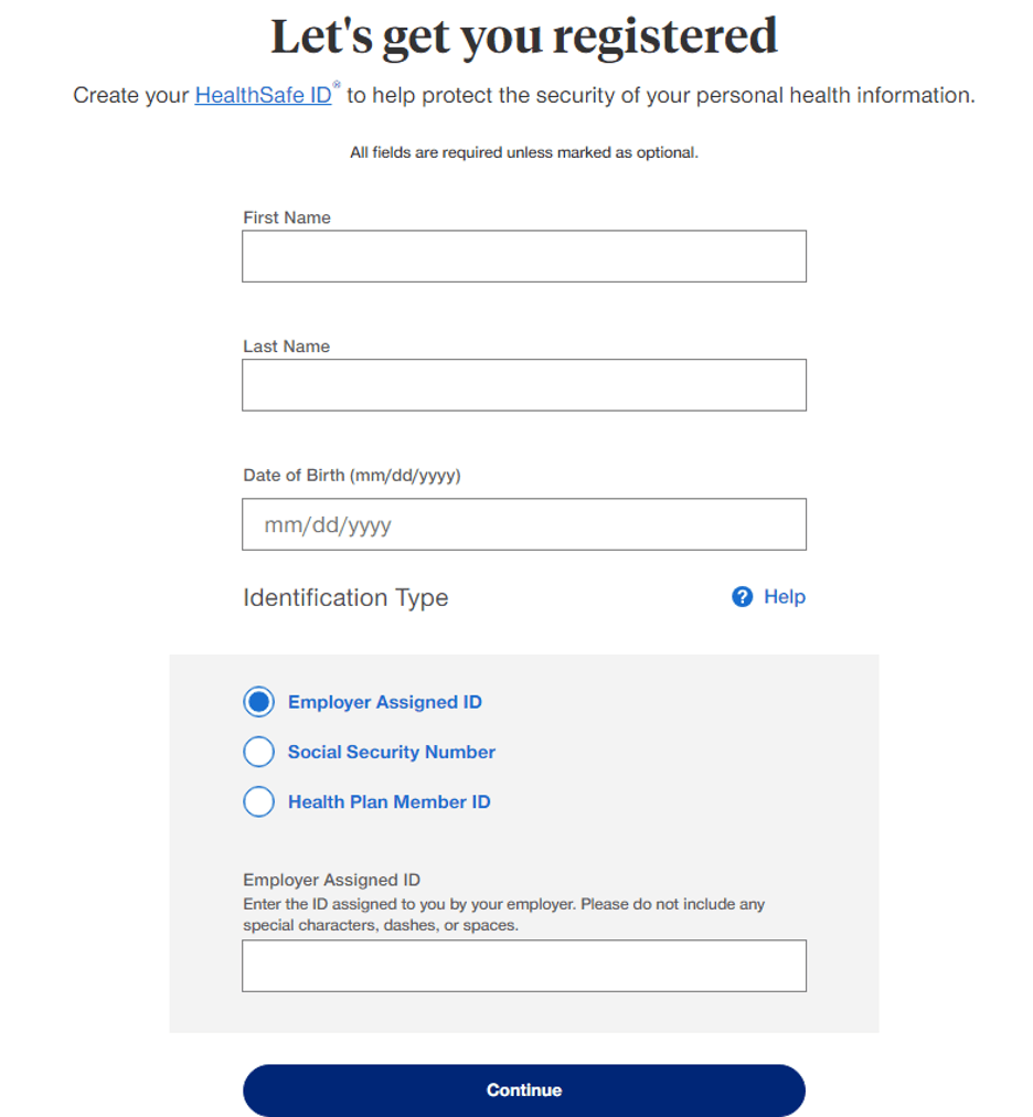 Online registration form for creating a HealthSafe ID. It includes fields for first name, last name, date of birth, and identification type selection with three options: Employer Assigned ID, Social Security Number, and Health Plan Member ID.