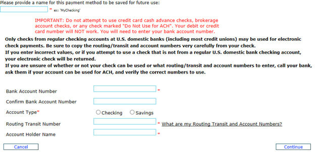 screenshot of banking information needed to set up account