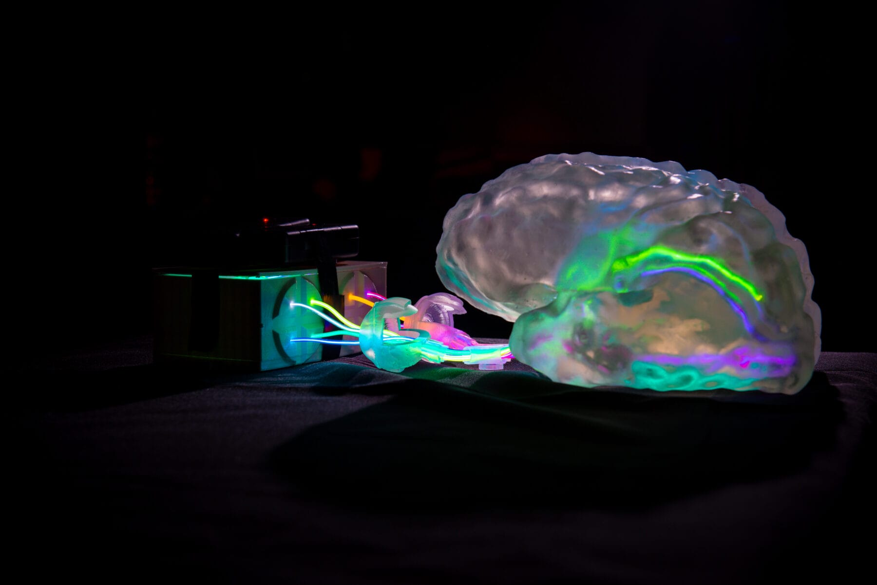 A transparent brain model with colorful lights inside is illuminated on a dark background, connected to a black box emitting light.