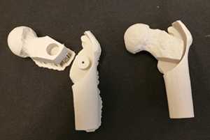 Two 3D-printed anatomical joint models are displayed on a dark surface, with one model shown apart and the other assembled.