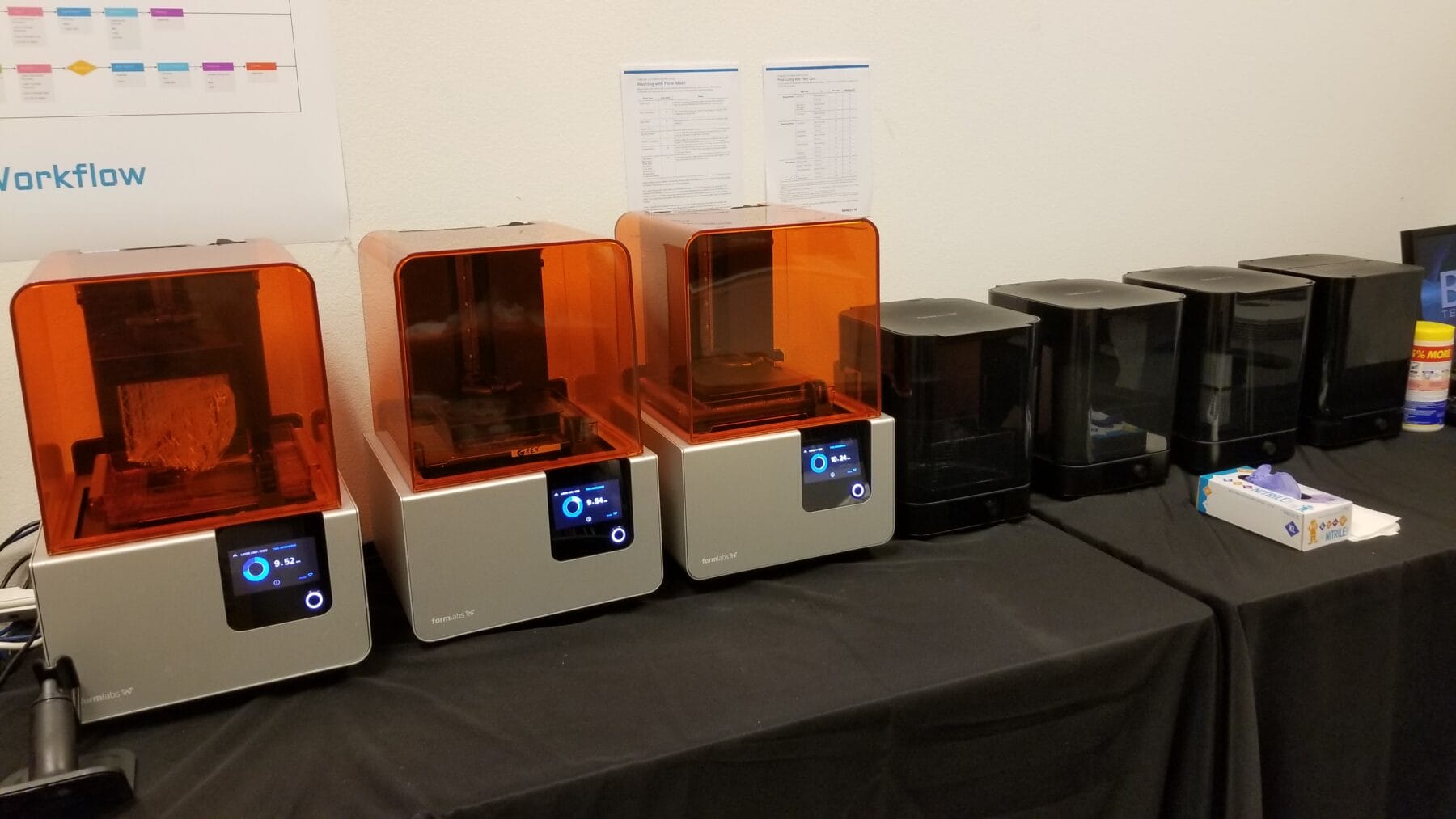 A row of five 3D printers on a black table; three have orange covers, and two have black covers. A box of blue latex gloves and cleaning supplies are also on the table. Charts are on the wall behind.