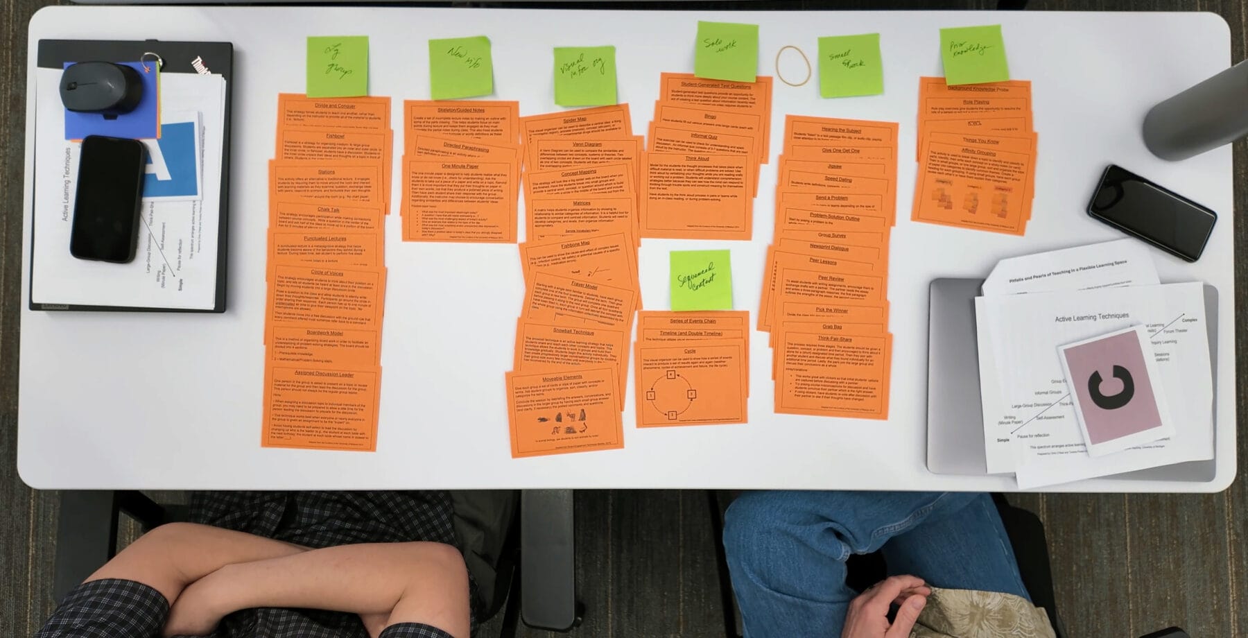 Two people sit opposite each other at a table filled with orange and green cards, along with documents and notebooks. The cards appear to be organized into categories.