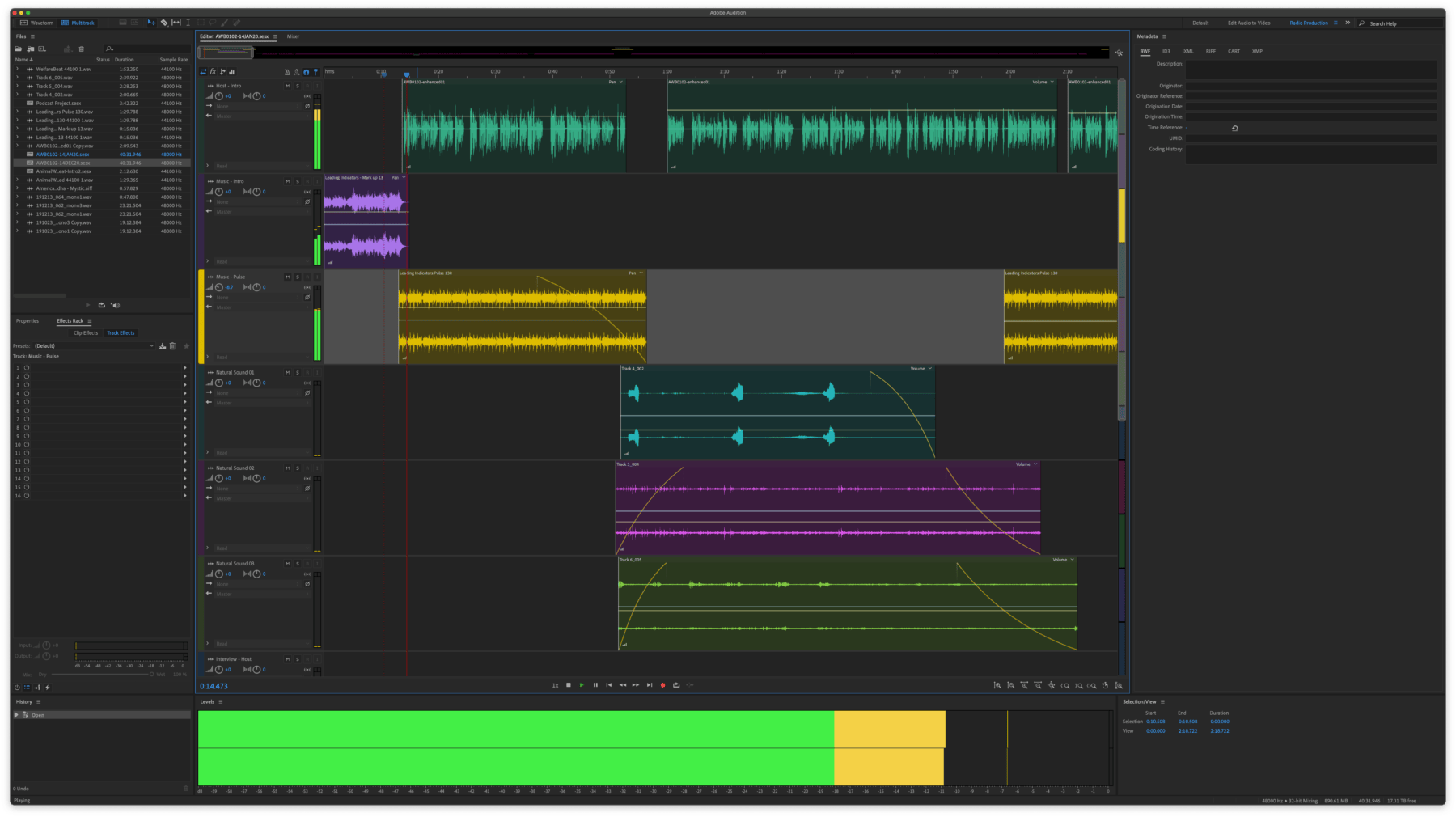 A digital audio workstation interface showing multiple audio tracks with various waveforms, colored segments, and adjustment controls.