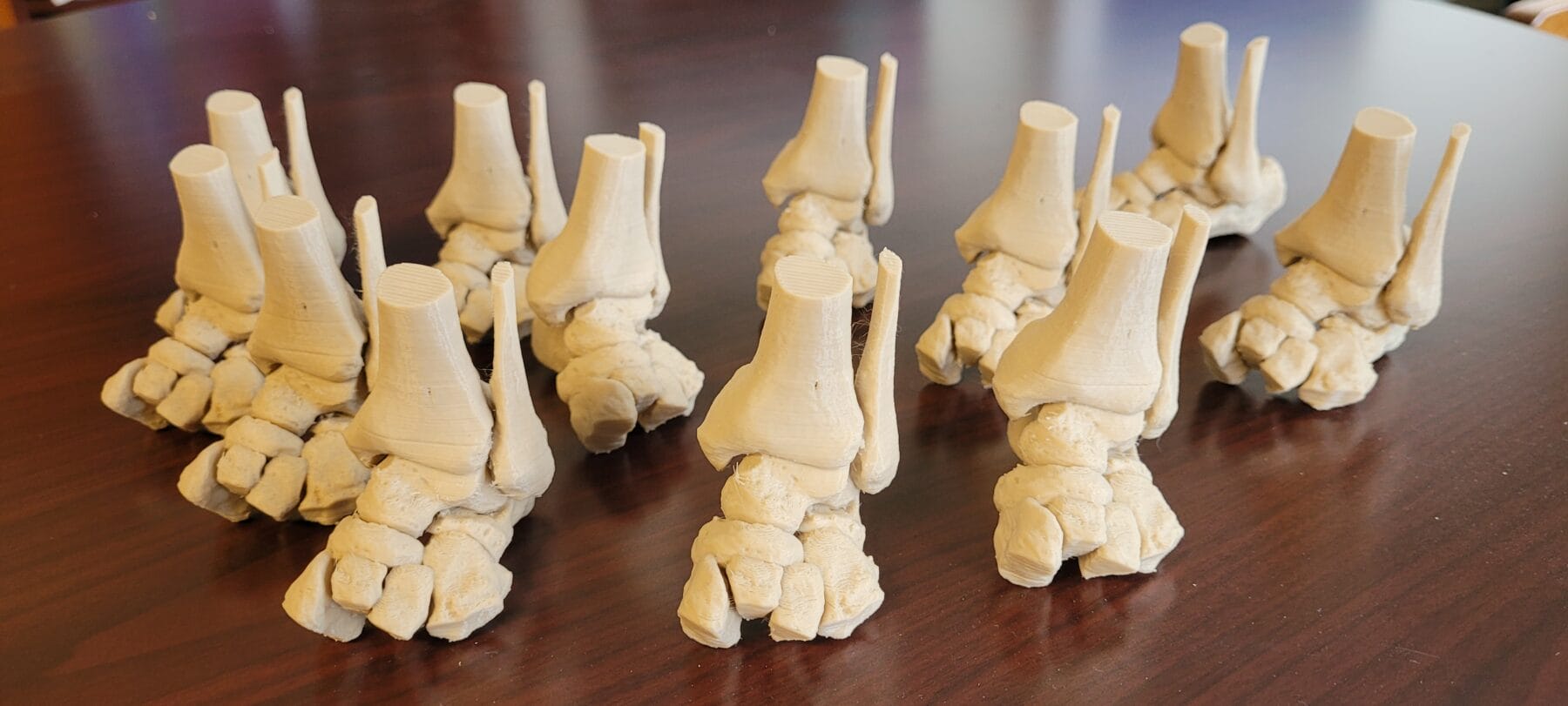 Twelve 3D-printed models of human nasal structures are displayed on a wooden table.