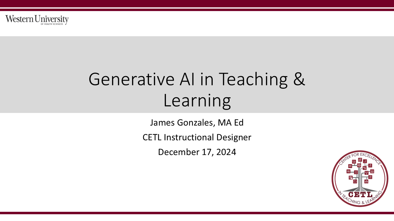 Presentation slide titled "Generative AI in Teaching & Learning" by James Gonzales, CETL Instructional Designer, dated December 17, 2024, from Western University.
