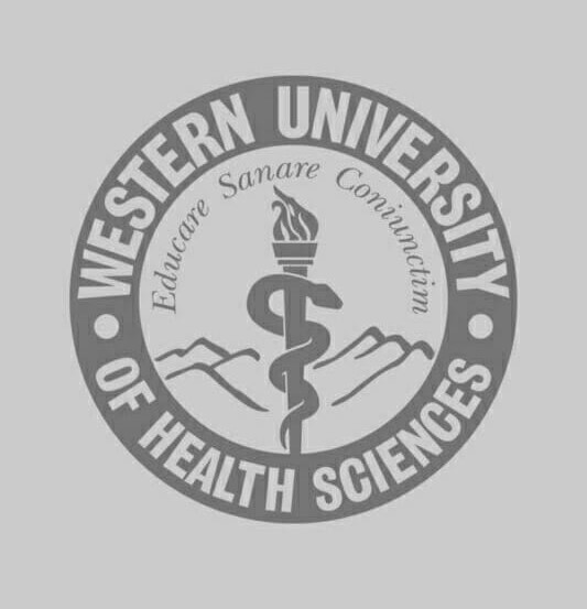 Logo of western university of health sciences featuring a caduceus symbol flanked by mountains, with the words "educatione, sanare, communicare" inscribed.