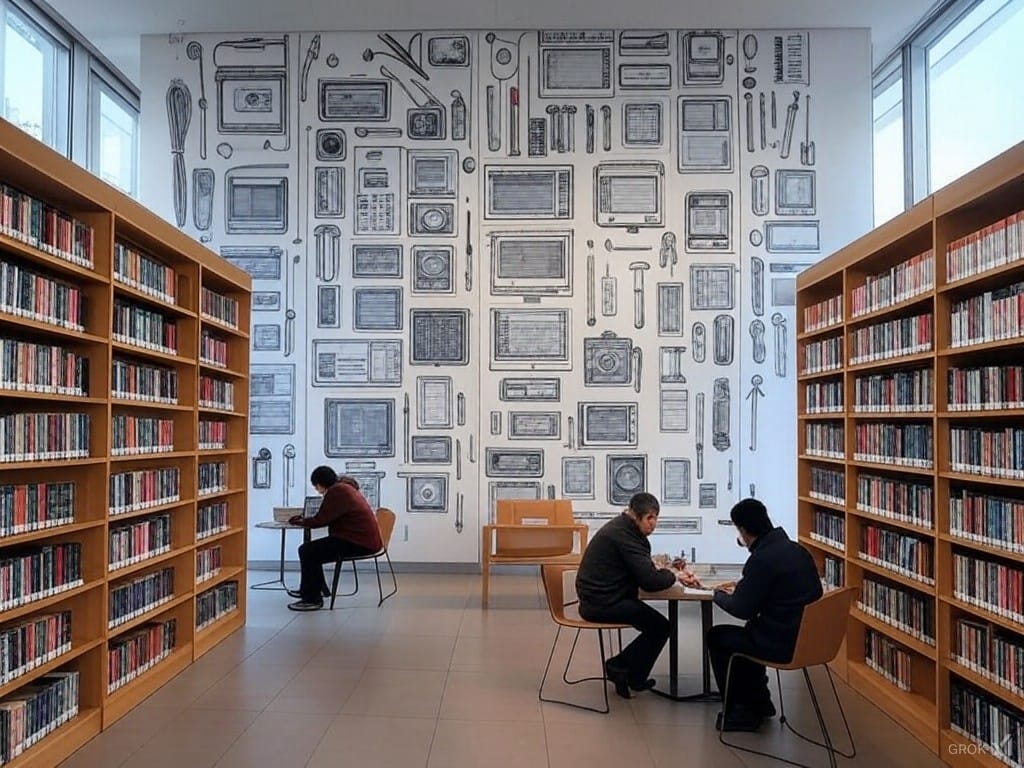 Two people sit at small tables between tall bookshelves. A large wall displays a variety of vintage electronic devices arranged in a grid.