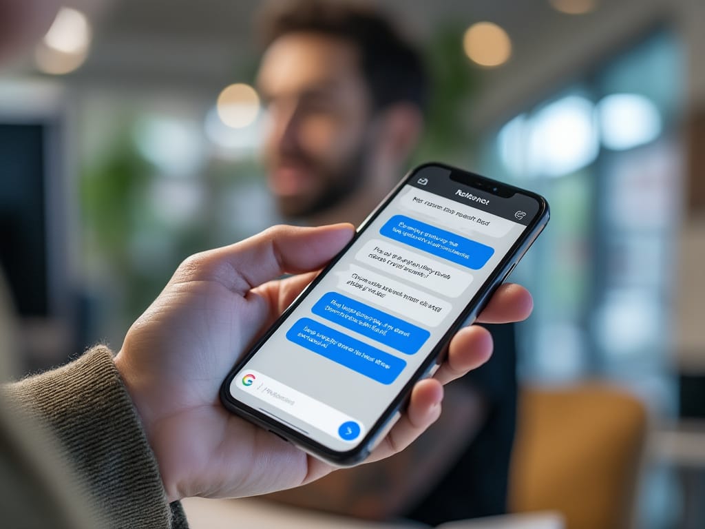 A hand holds a smartphone displaying a conversation on a messaging app. The blurred background shows a person sitting in an indoor setting.
