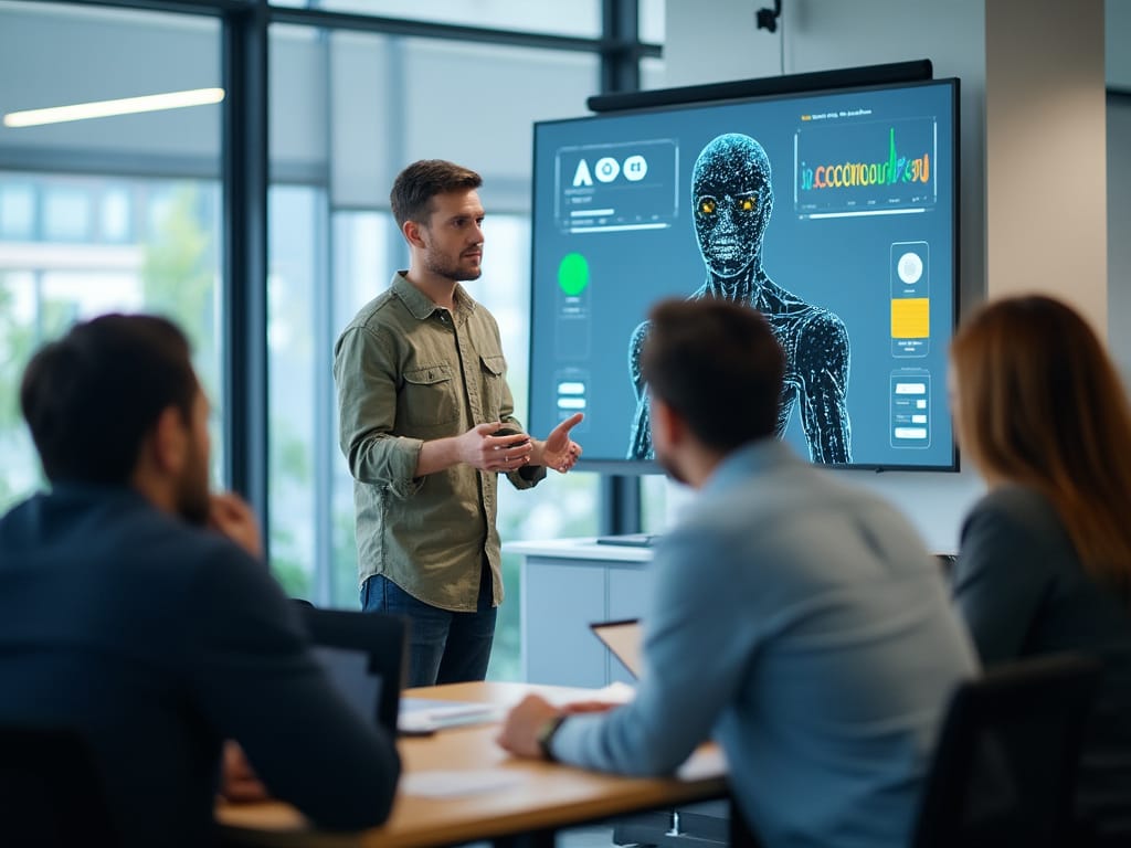 A man presents data on a large screen showing a digital human figure to attentive colleagues in a modern office setting.