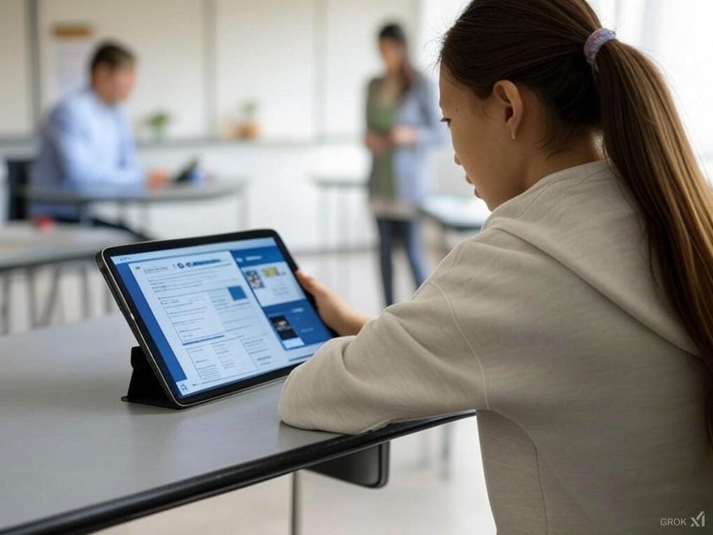 A person in a hoodie uses a tablet at a table in a bright room. Two other people are in the background, one seated and one standing.