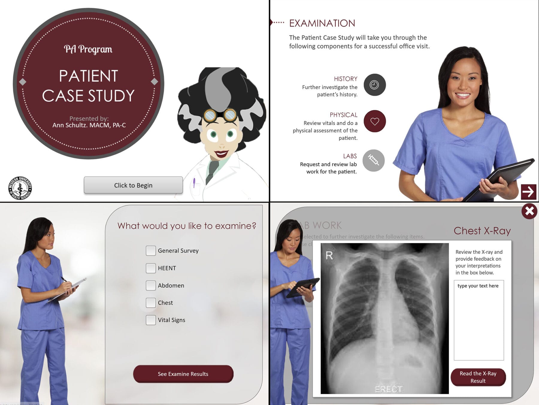 A medical case study presentation featuring a healthcare professional, examination options, and a chest X-ray. The interface includes buttons for examining patient history, physical exam, and lab results.