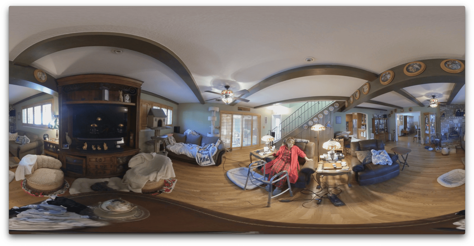 A cozy living room with wooden floors. A person in a red shirt sits on a chair, using a walker. Decorative plates hang on the walls and ceiling beams are visible. A wooden cabinet is in the background.