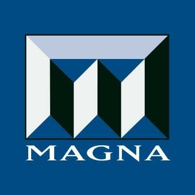 A geometric logo with white and black shapes forming an "M" above the word "MAGNA" in white capital letters on a blue background.