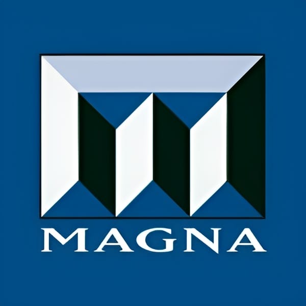 Geometric logo with a white and black color scheme against a blue background, accompanied by the word "MAGNA" in white uppercase letters below.
