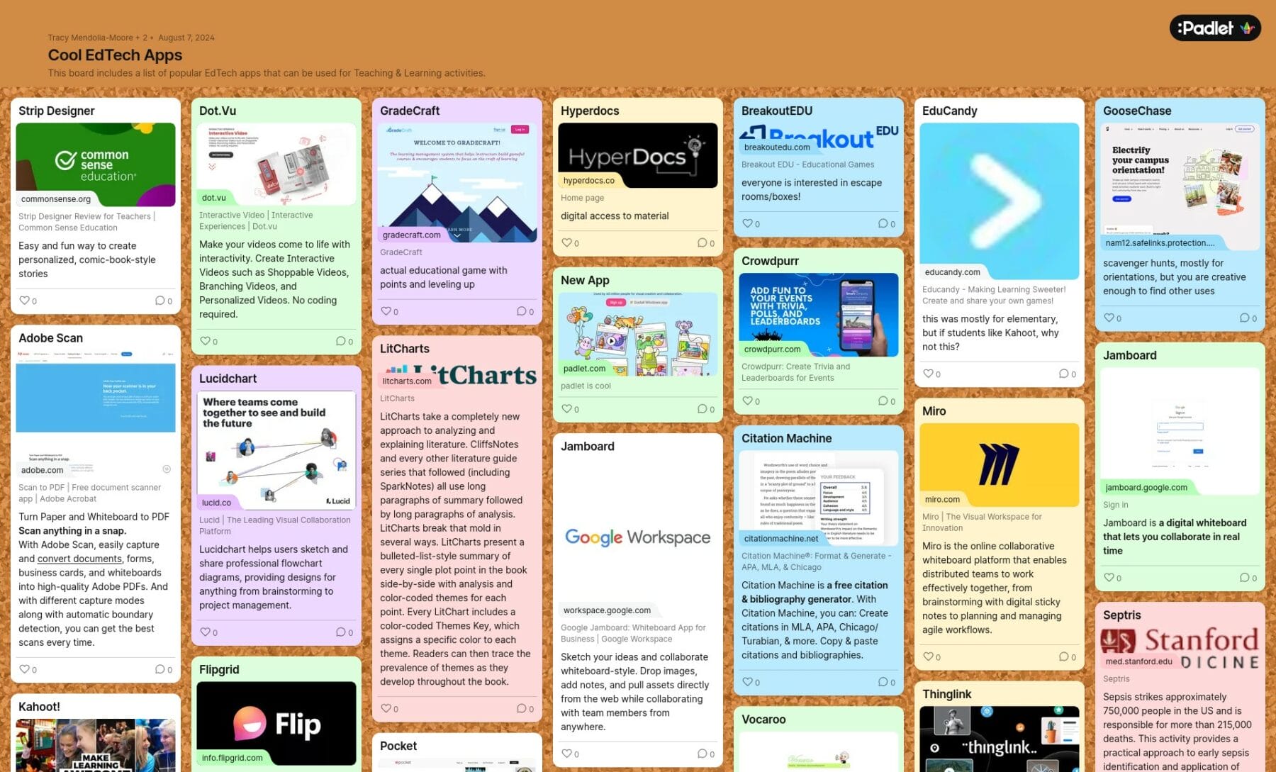 A digital board titled "Cool EdTech Apps" featuring various educational technology apps with descriptions, including icons and images of the apps.