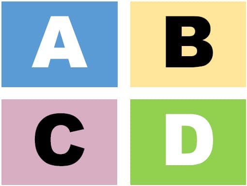 Four colored squares with large letters: A on blue, B on yellow, C on purple, and D on green.