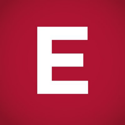 A white letter 'E' on a solid red background.