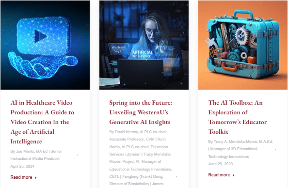 Three content previews: 1) "AI in Healthcare Video Production" guide, 2) "Unveiling FutureU’s Generative AI Insights," 3) "The AI Toolbox" toolkit exploration. Each includes title, authors, and publication date.