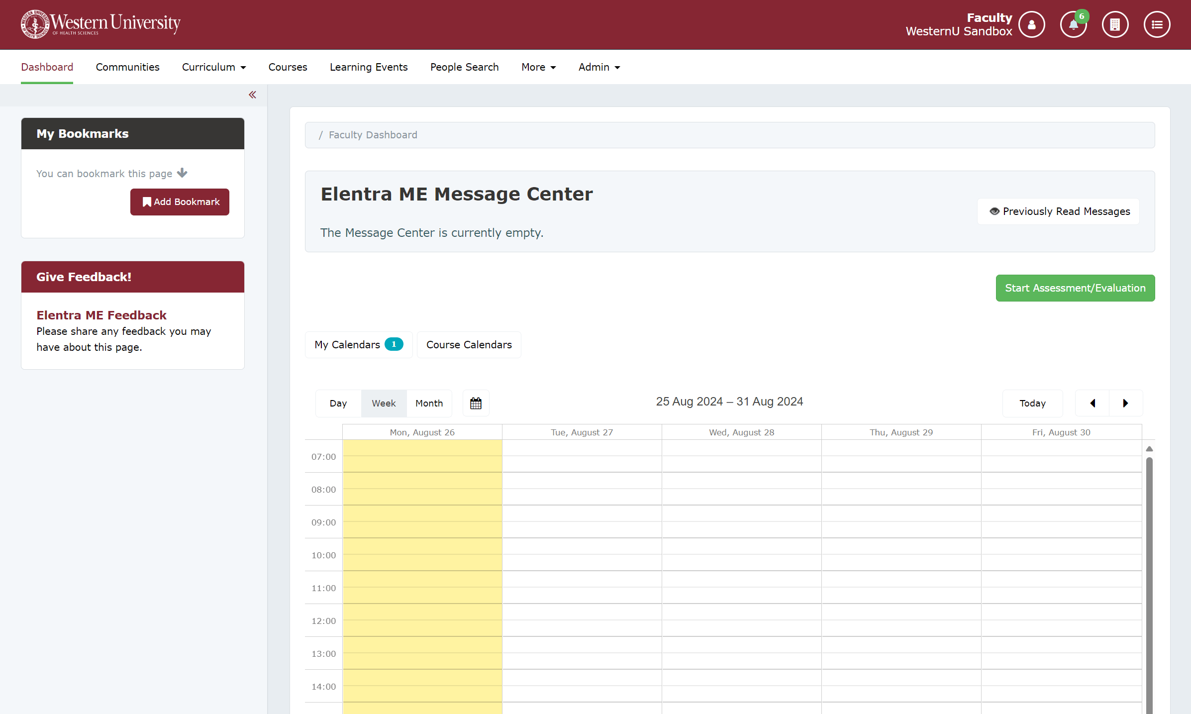 Screenshot of the Elentra Message Center dashboard at Western University. The page shows an empty Message Center and a calendar displaying the week of August 25, 2024.