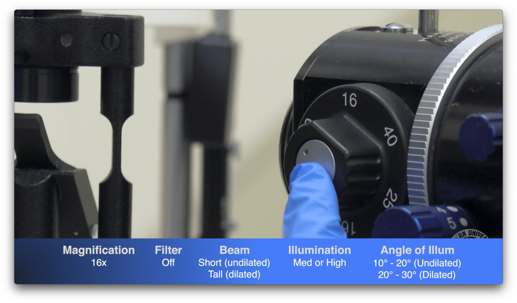 Close-up of a medical device with a gloved hand adjusting a dial. Overlay text indicates settings: magnification 16x, various beam and illumination options, and angle of illumination.