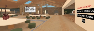 Virtual lobby with wooden flooring, circular seating, and a large screen displaying "Western Unions." Signs indicate a campus and conference room.