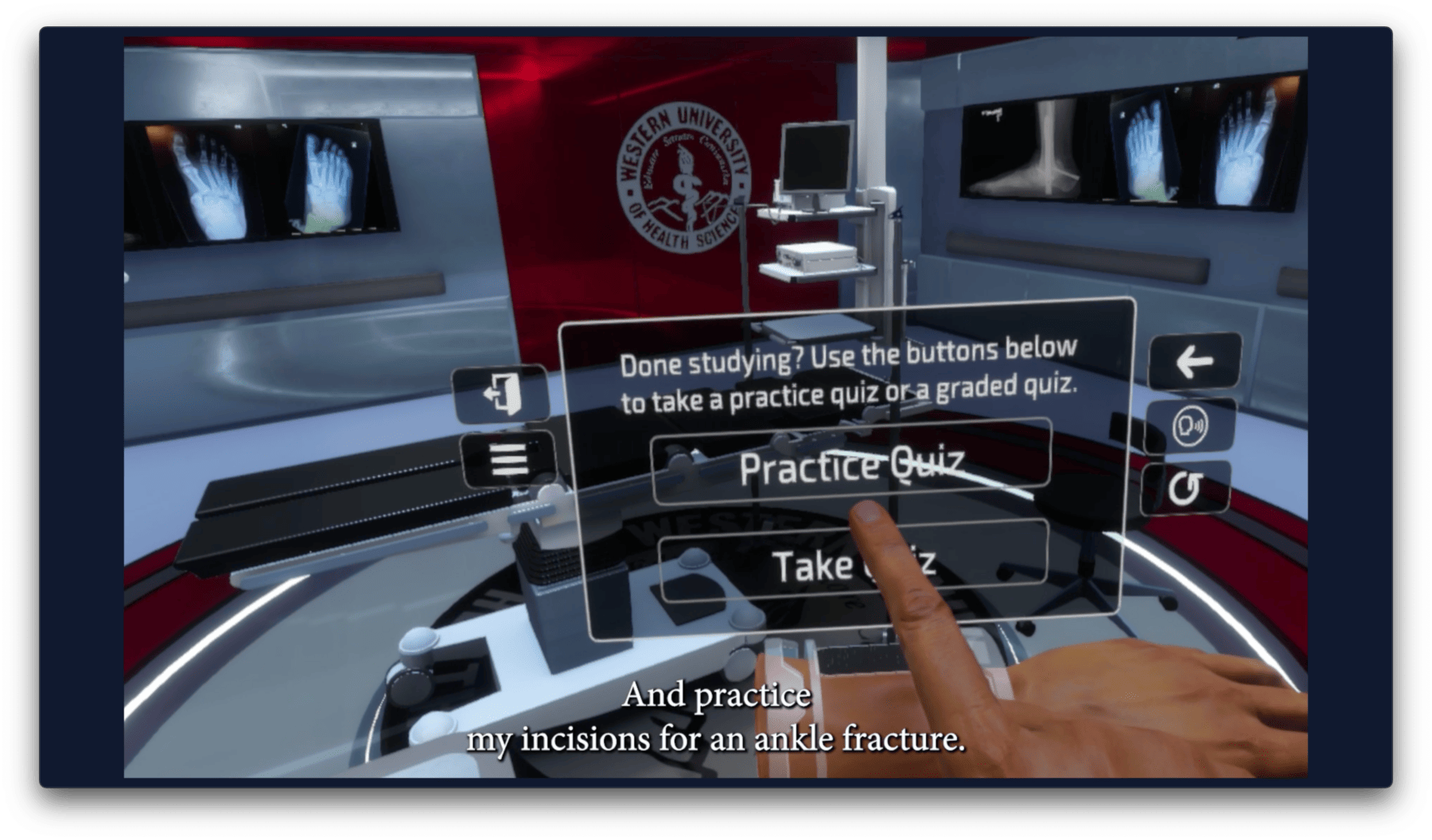 A virtual reality medical training interface with options for "Practice Quiz" and "Take Quiz." A finger points to the screen. The background shows medical images and logos. Subtitles read: "And practice my incisions for an ankle fracture.