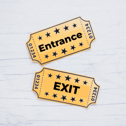 Two yellow tickets on a light surface; one labeled "Entrance" and the other labeled "Exit," both with star patterns and serial number 01234.