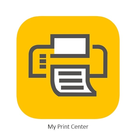 Yellow app icon featuring a gray printer with a paper coming out, labeled "My Print Center.