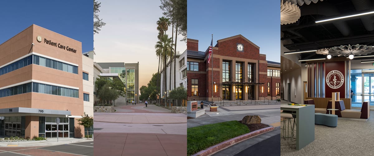 A collage of four buildings: a care center, a tree-lined walkway between modern buildings, a brick municipal-style building, and a contemporary lounge area with seating and a logo.