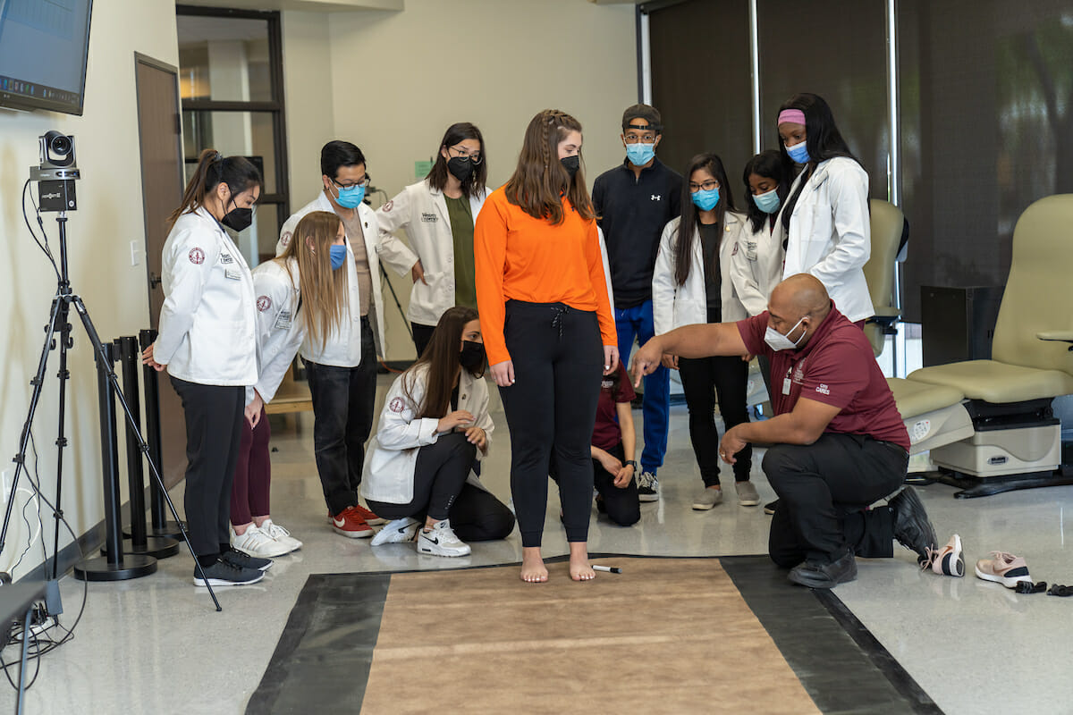 Gait analysis with College of Health Sciences physical therapy students led by associate chair Dr. Jeffrey Fairley. Also on hand are Chair Harsha Deoghare and College of Podiatric Medicine Dr. Reina Deogracias.