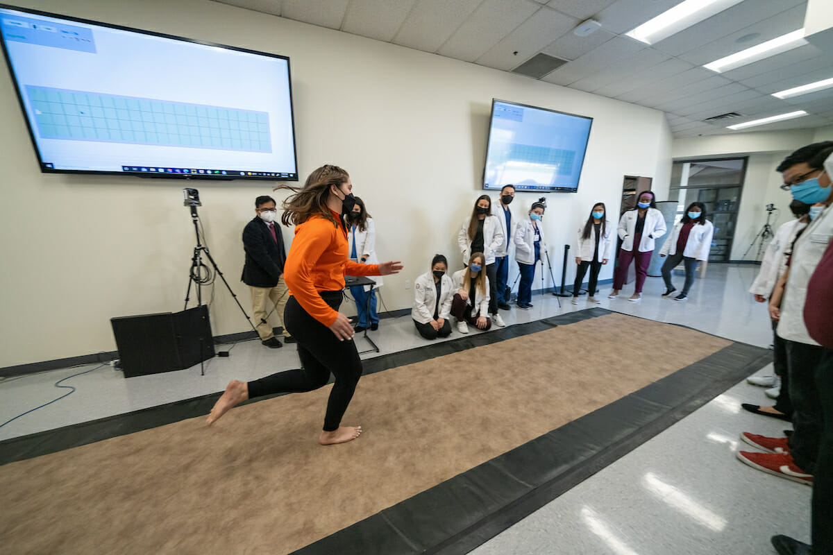 Gait analysis with College of Health Sciences physical therapy students led by associate chair Dr. Jeffrey Fairley. Also on hand are Chair Harsha Deoghare and College of Podiatric Medicine Dr. Reina Deogracias.