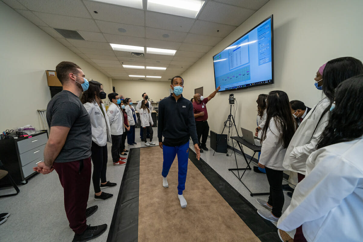 Gait analysis with College of Health Sciences physical therapy students led by associate chair Dr. Jeffrey Fairley.