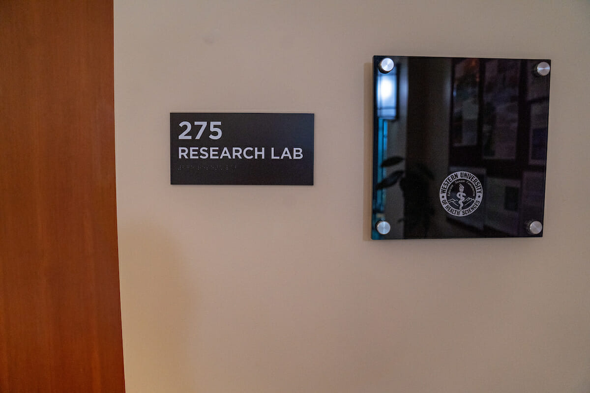 Reasearch Lab sign pics at WesternU COMP-Northwest in Lebanon, Oregon during a visit in December 2021.