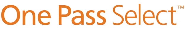 The image displays the words "One Pass Select™" in orange text on a white background.