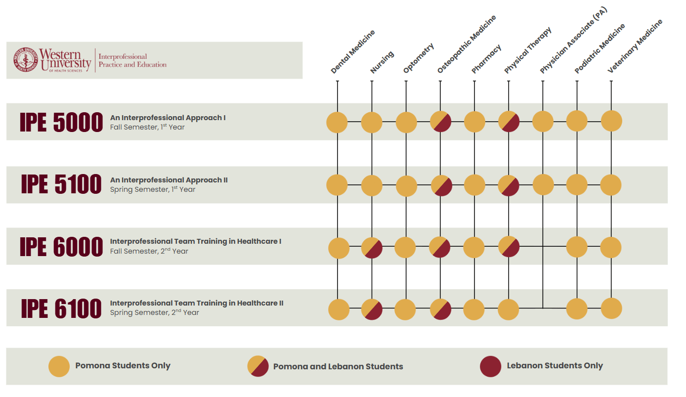Chart showing the Western University IPE course offerings by campus and program, using gold and maroon circles to indicate availability to Pomona, Lebanon, or both student groups.
