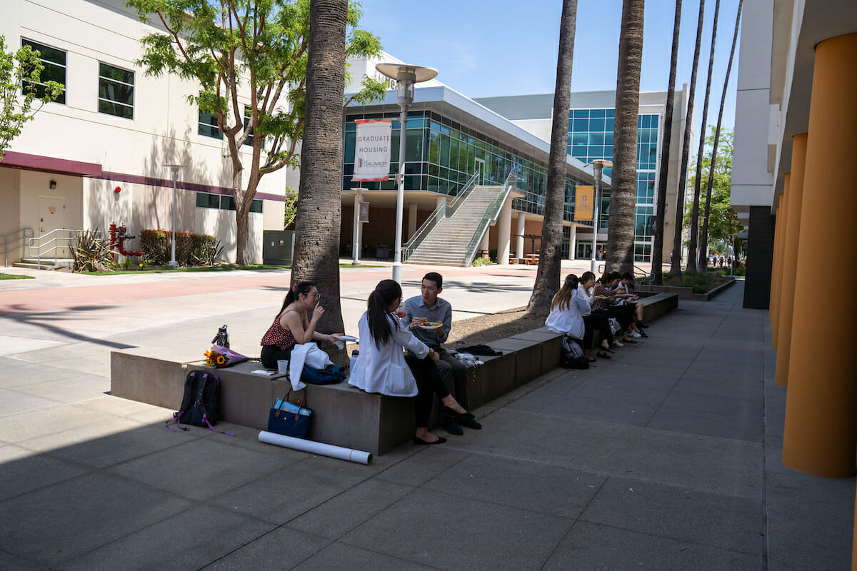 a group of people sitting on a bench next to palm trees.