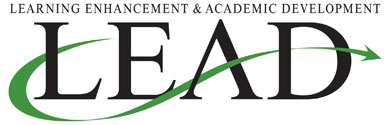 Logo with the words "Learning Enhancement & Academic Development" above the large acronym "LEAD" with a green curved arrow through the letters.