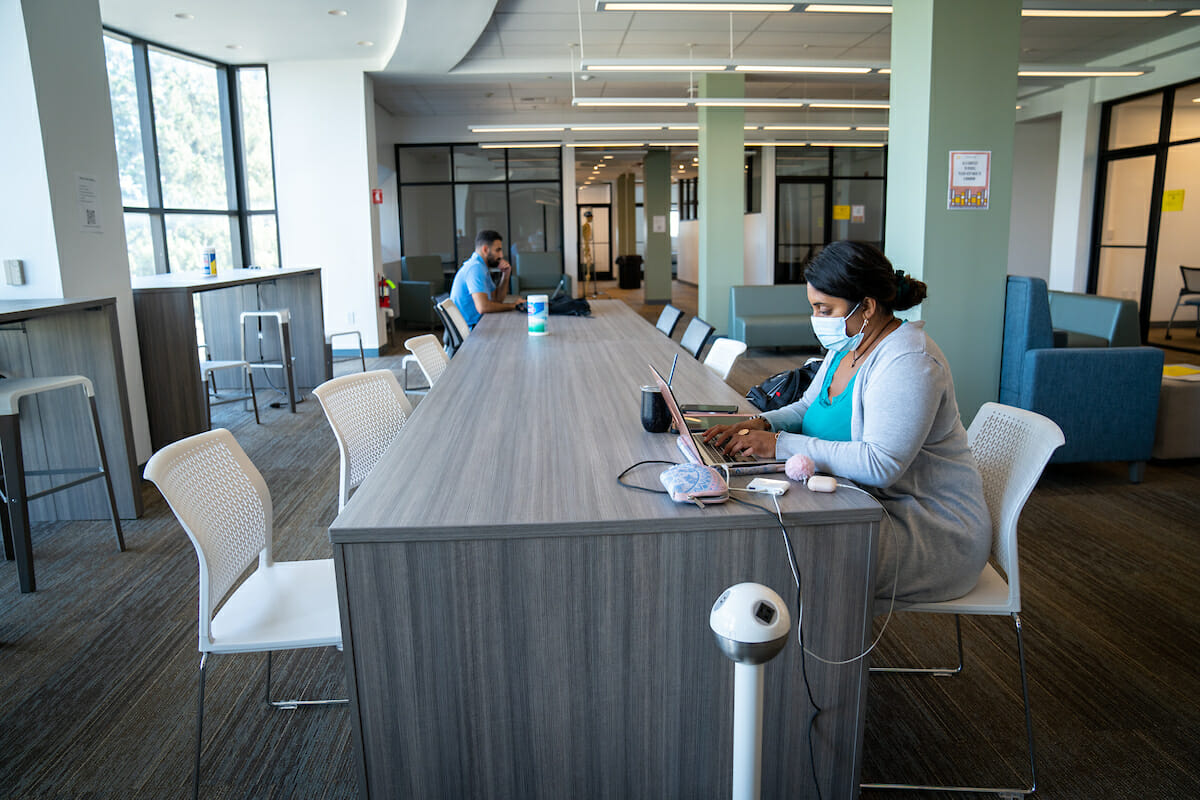 The third floor of the Harriet K. and Philip Pumerantz Library and Learning Resource Center offers many places to study.