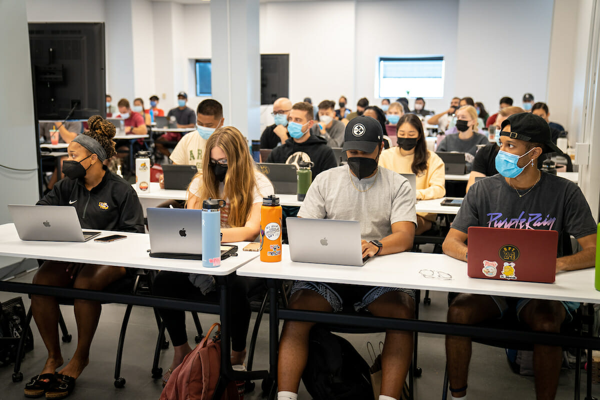 CHS Department of Physical Therapy Studies Instructor Gunnar Fillerup, DPT, teaches a class in Classroom A at the Pumerantz Library