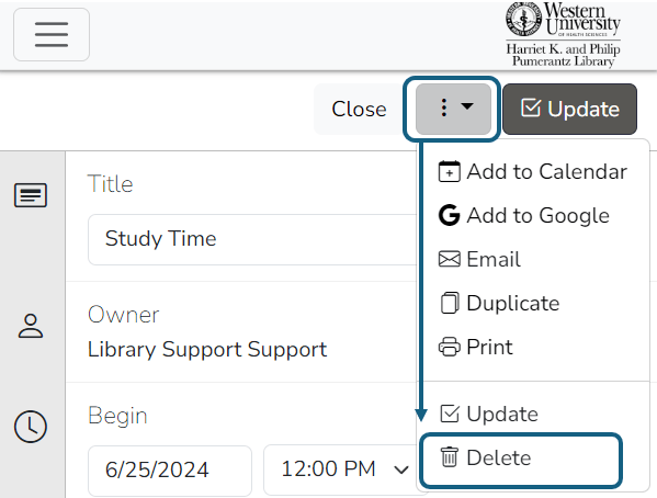 A screenshot of an event editing interface for Booked. A dropdown menu is displayed with options including Add to Calendar and Delete.