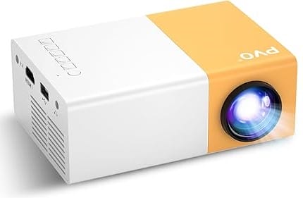 A compact rectangular projector with a white and yellow casing, featuring lens on the front, control buttons on top, and multiple ports on the side.