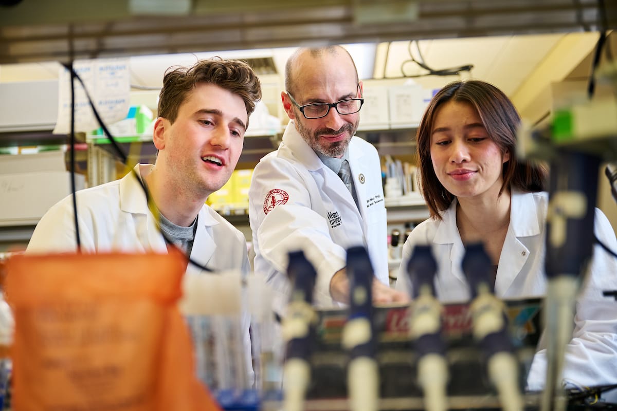 Three people in lab coats work together at a laboratory bench with scientific equipment and supplies visible in the foreground.