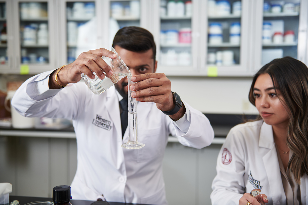 WesternU College of Pharamcy student pharmacists simulating experience in the compounding lab and ressearch
