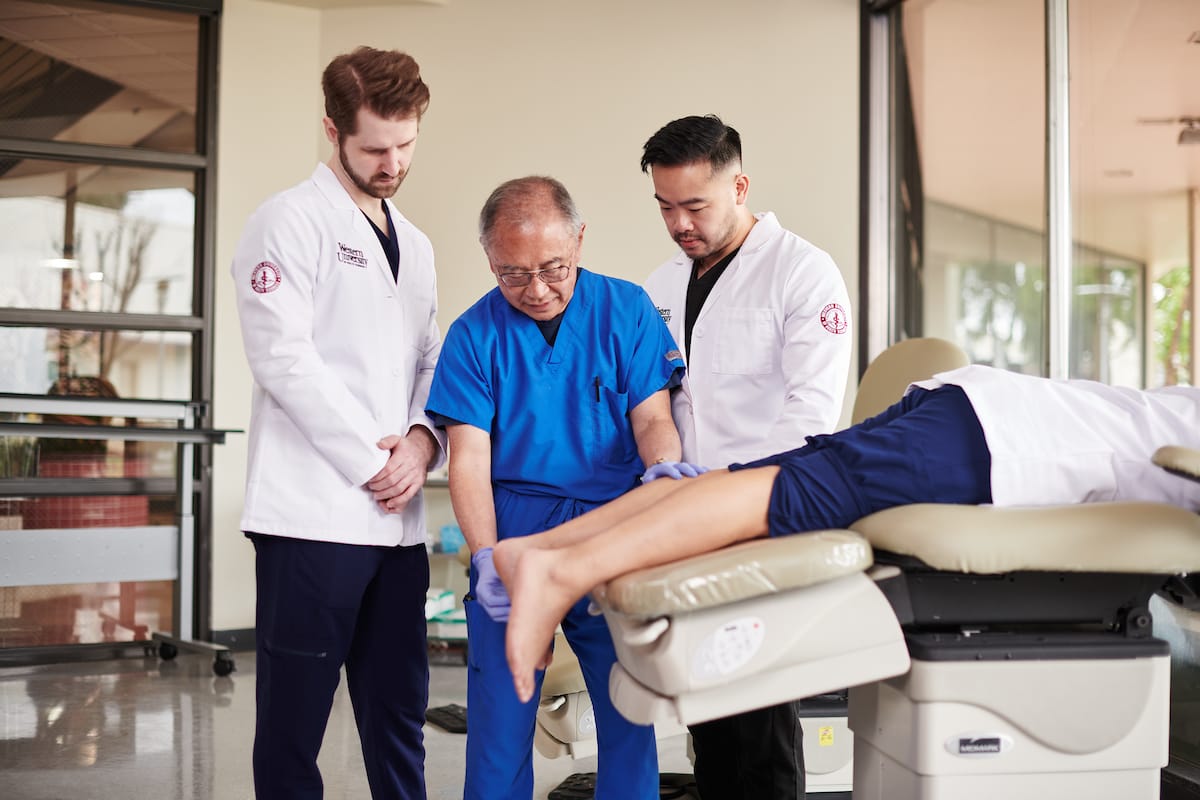 Three medical professionals in lab coats observe an elderly person in blue scrubs examining a patient lying on a medical table.