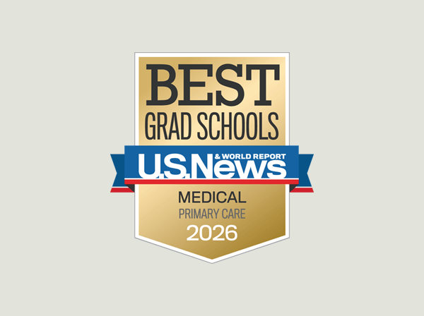Gold and white badge reading "Best Grad Schools, U.S. News & World Report, Medical Primary Care 2026" on a light gray background.