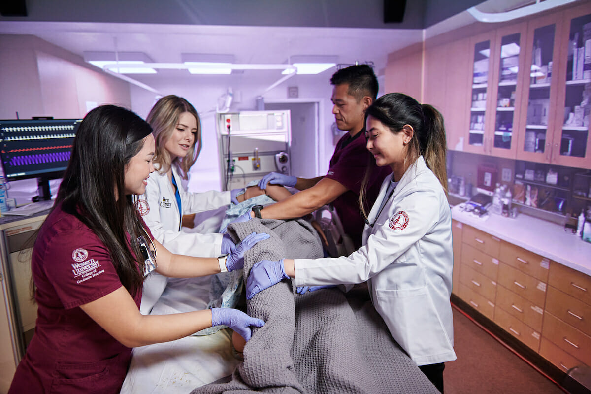 a group of medical personnel examine a dummy.