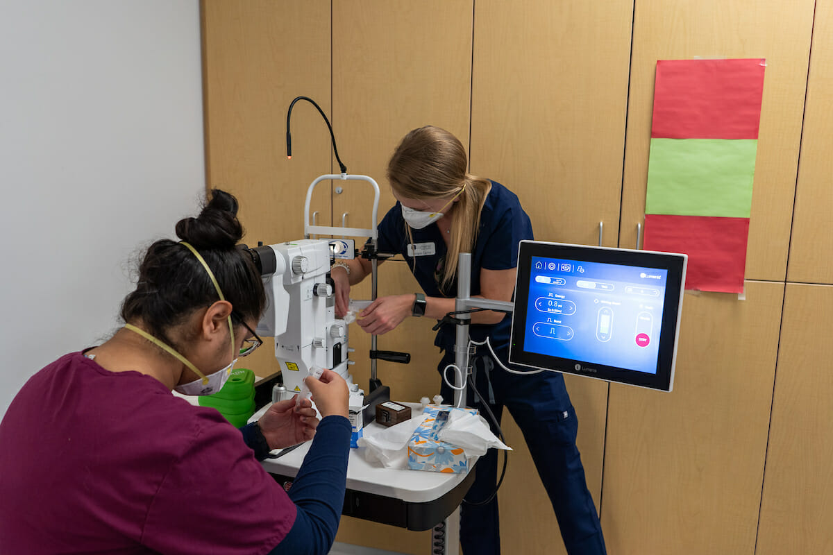 WesternU College of Optometry third-year students took part in a laser lab, going to four stations learning on the Lumenis laser and the Nidek laser. CO student Gurkarn Ghag gets hands-on experience at station 1 (SLT) – Selective Laser Trabeculoplasty is a very safe and effective method to treat patients with open angle glaucoma. This laser is repeatable over time and works by lowering eye pressures.