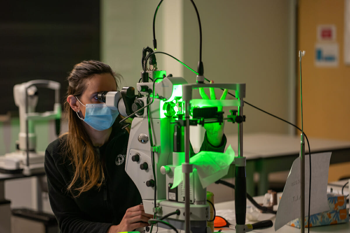 WesternU College of Optometry third-year students took part in a laser lab, going to four stations learning on the Lumenis laser and the Nidek laser. Student Sirine Koudsi gets hands-on experience at station 2 (ALT)- Argon Laser Trabeculoplasty is an older laser method to lower eye pressures by photocoagulating the drainage tissue of the eye. This procedure is not repeatable. The same argon photocoagulating laser is very common for other eye conditions.