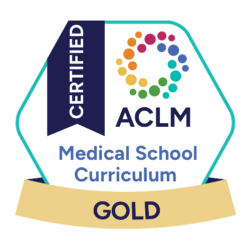 ACLM Certified Medical School Curriculum Gold badge with a multicolored circular logo and a navy ribbon labeled "Certified.